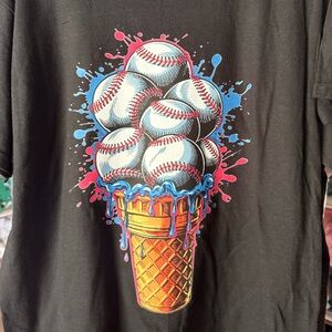 Gildan Black Tee with Baseball Ice Cream Cone Graphic - Blue, Pink, Yellow